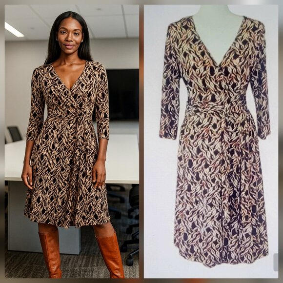 Vintage Faux Wrap Geometric Print Jersey Knit Dress Packable Travel Sz Large - Picture 1 of 11